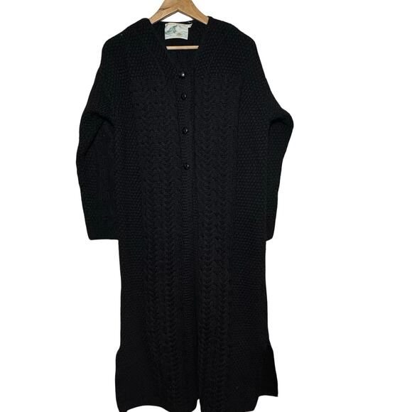 Donegal Knitters 100% Wool Black Cable Knit Made in Ireland Long Duster Sweater - Picture 2 of 8